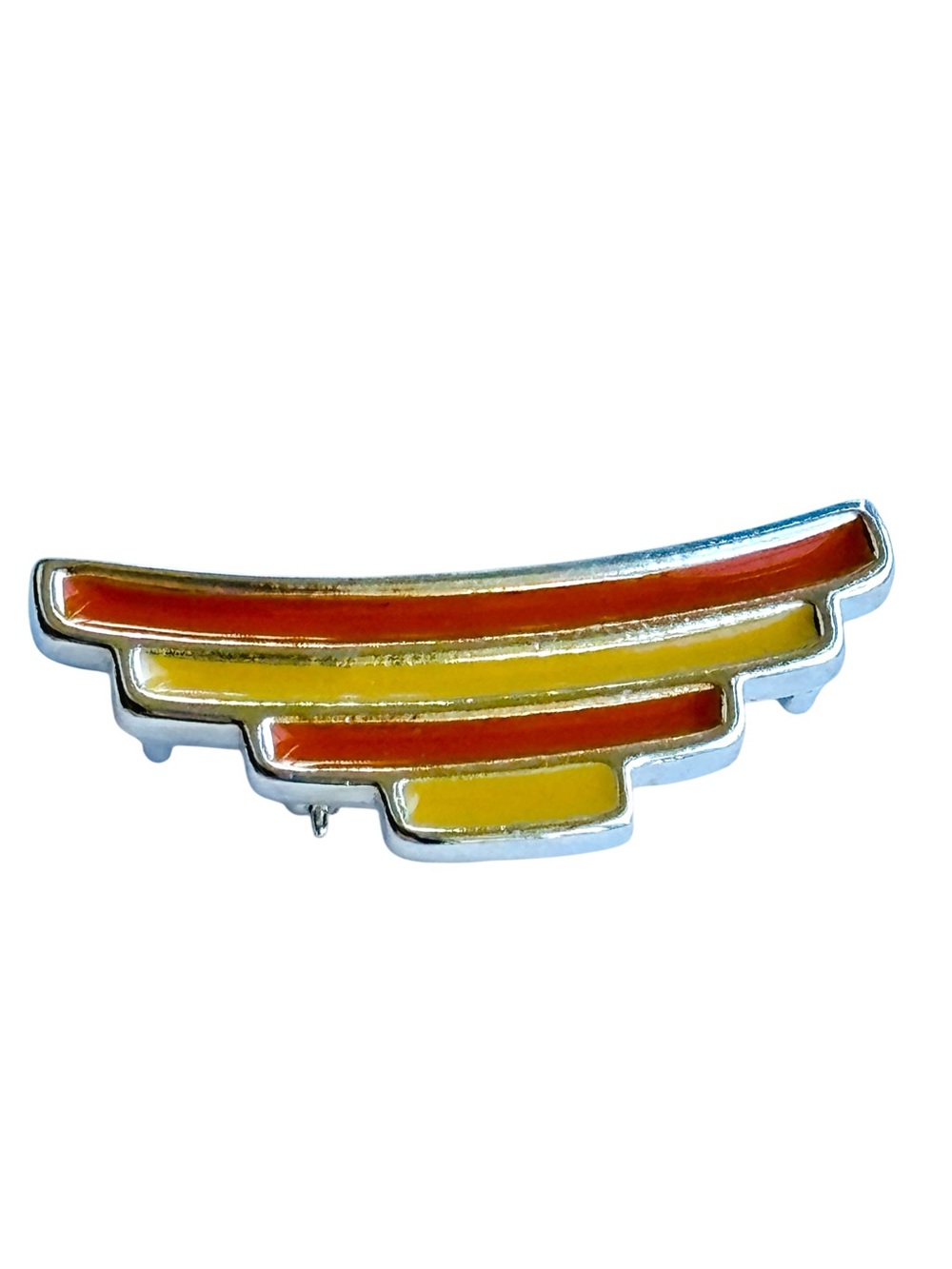 Bergere Vintage 1970s Enamel Brooch Retro Silver Tone‎ Orange Yellow